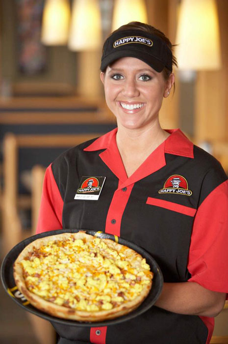 happy joes waitress with pizza